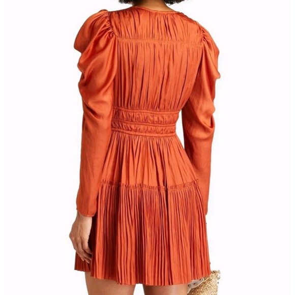 Ulla Johnson Lu Bow Satin Detailed Mini Dress 8 Tan Orange Pleated Polyester - Picture 2 of 11